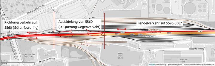 auf Openrailwaymap eingezeichnete Skizze der Gleisnutzung für den Pendelverkehr
